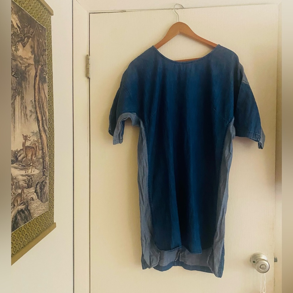 Woman’s coastal preppy oversized Lagenlook Chambray denim tunic mini dress M